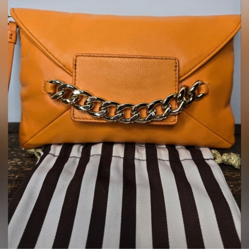 Henri Bendel New York Orange Leather Clutch with Gold Chain New without Tags